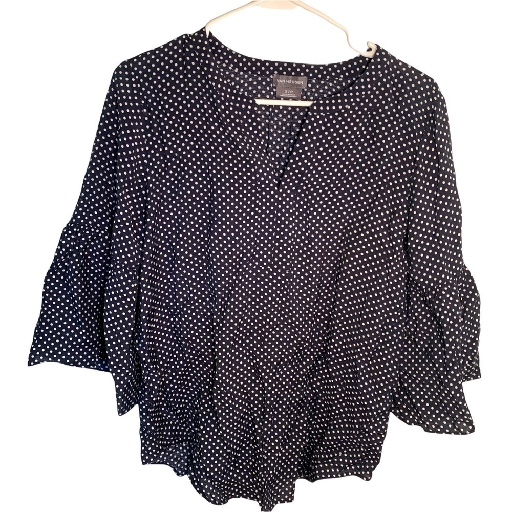 Van Heusen Women's Size Small Split Neck Blouse Navy Blue White Polka Dots